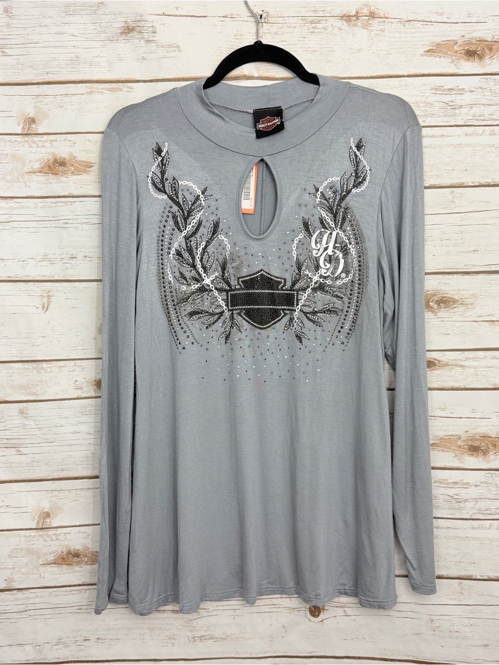 Harley Davidson Gray Keyhole Embellished Long Sleeve Blouse NWT XL